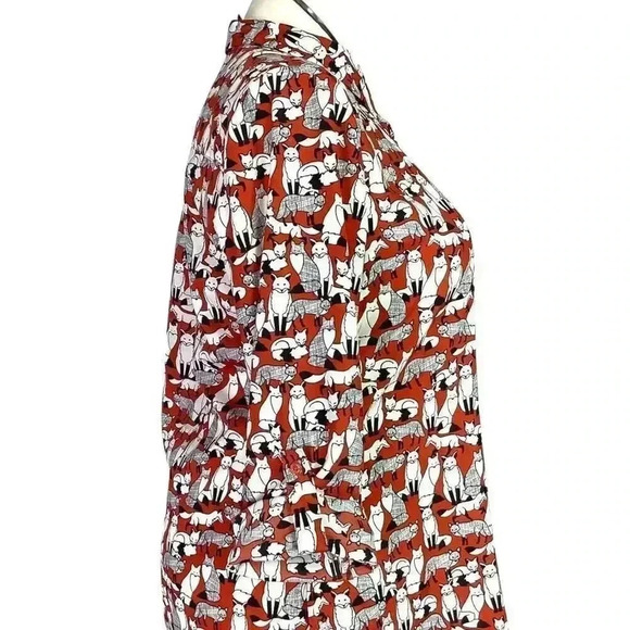 Ann Taylor Top Women L Multicolor Fox Print Half Button Tunic Roll Tab Sleeve - Picture 5 of 9